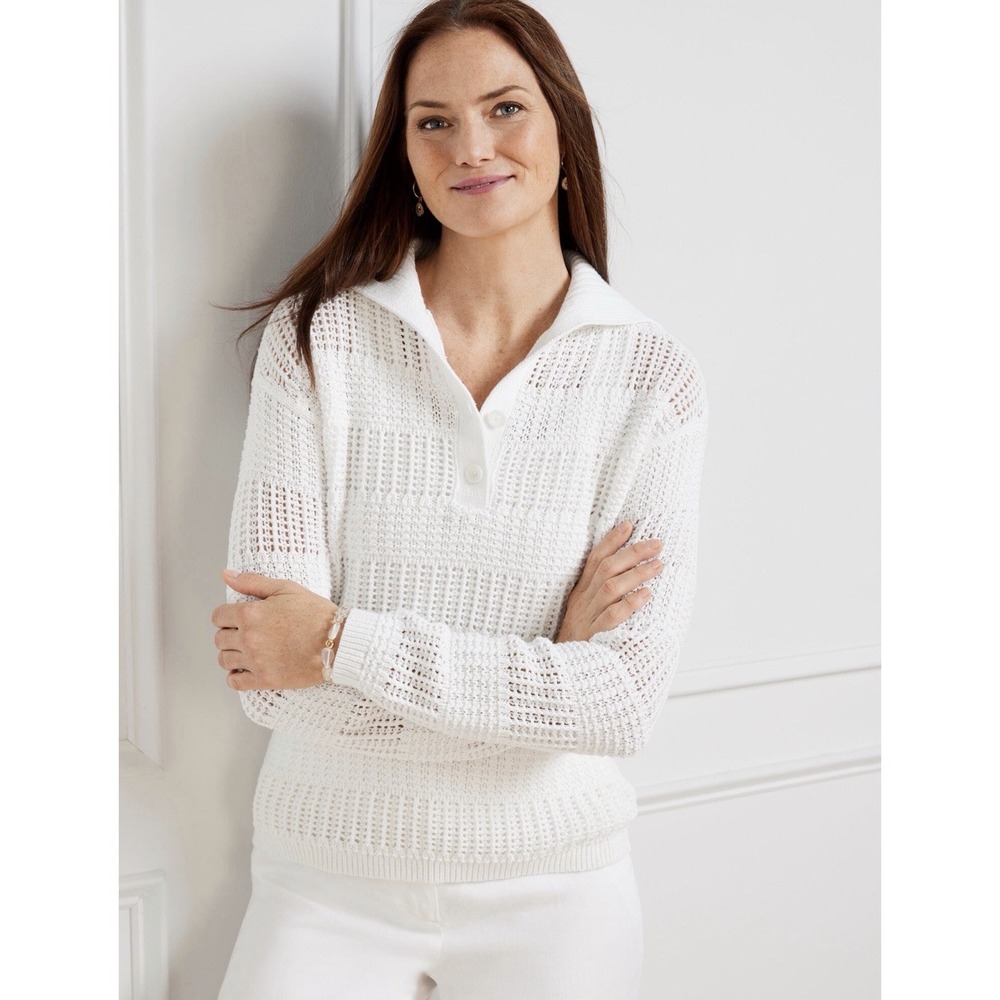 Talbots NEW‎ White Open Stitch Sailor Collar Sweater Cotton Knit Coastal Sz M